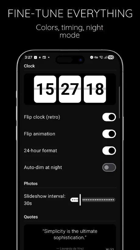 StandBy settings for clock style, 24-hour format, night dimming, and slideshow interval